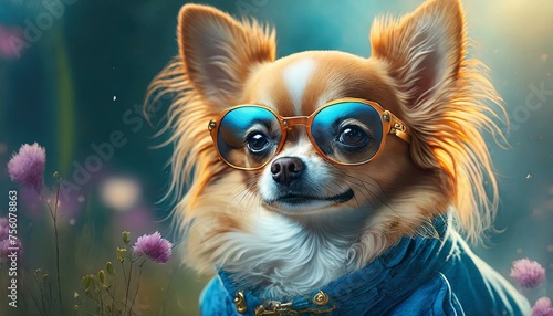 Happy fluffy orange Chihuahua dog wearing blue clothes and sunglasses 
