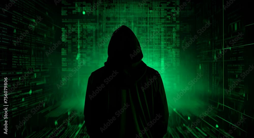 Hacker silhouette with binary code, representing cyber scams Hacker silhouette with binary code, representing cyber scams