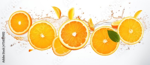 Various types of citrus fruits such as Rangpur, Clementine, Valencia orange, Tangelo, Amber, Orange, Tangerine are splashing in a row on a white background