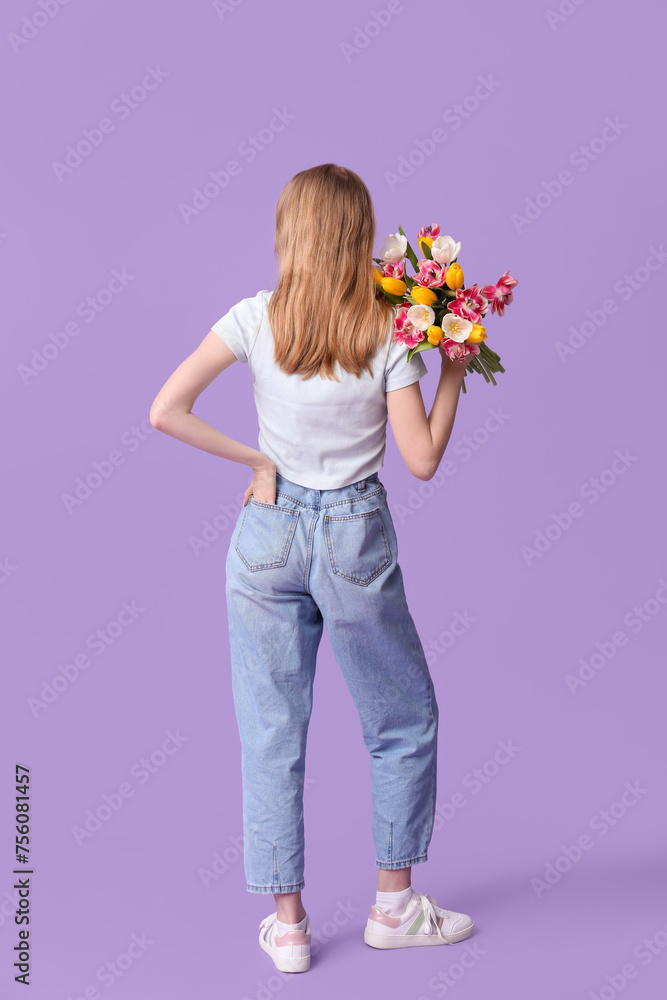 Young woman with bouquet of beautiful tulips on lilac background Young woman with bouquet of beautiful tulips on lilac background