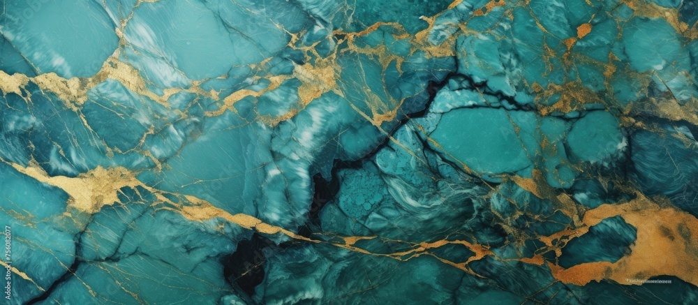 A closeup shot showcasing the intricate details of a green and gold marble texture, resembling an underwater landscape with elements of plant life like palm trees and grass