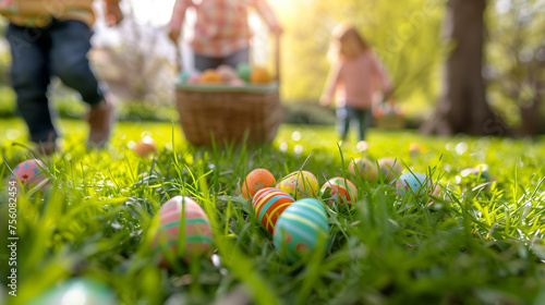 Happy caucasian family with Kids on an Easter egg hunt in a blooming spring garden. Children searching for colorful eggs in flower meadow, family together at Easter Sunday holiday, selective focus