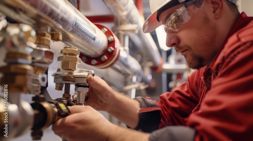 maintenance technician inspecting and servicing a fire protection piping system © STOCKYE STUDIO