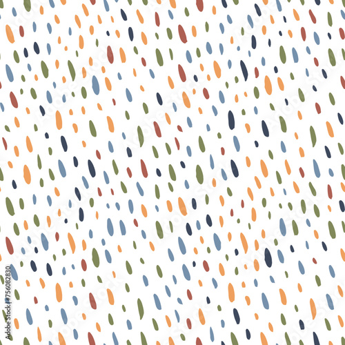 Hand drawn childish seamless pattern with various blots, doodle dots and short lines.