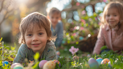 family with Kids on an Easter egg hunt in a blooming spring garden. Children searching for colorful eggs in flower meadow, family together at Easter Sunday holiday