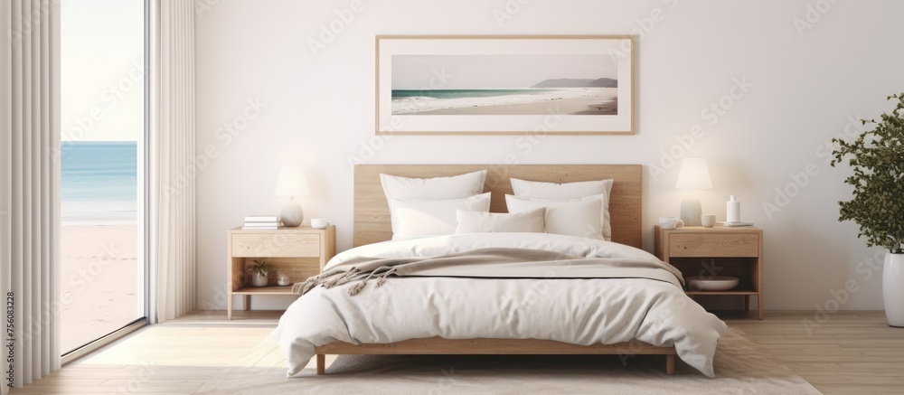 Fototapeta premium Frame mockup in comfy coastal bedroom setting