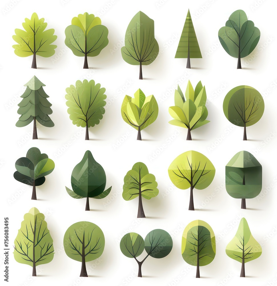 trees with various color shades, cartoon dark white and light green on a white background