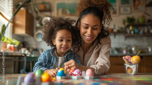 Diverse Easter Family traditions. young mother teaching happy little kids to decorate eggs with paints for the Easter holidays, Afro American mam with kid photo