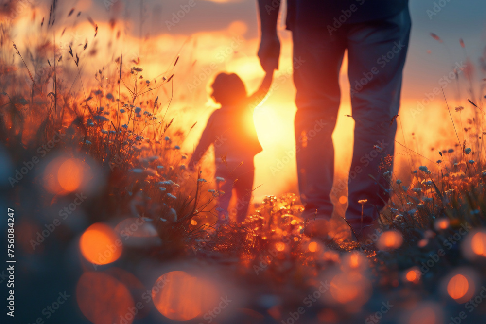 Silhouette of dad and child walking together in sunset. Father's Day. Happy family, love and care concept. Background for greeting card, banner, poster
