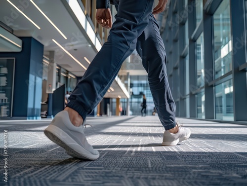 guy wearing a outfit, joggers and sneakers walking in a corporate office
