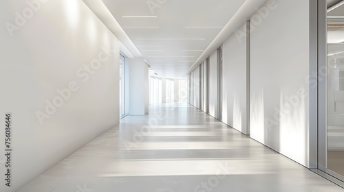  wide empty white wall in a hallway in a modern office, bright natural light, neutral tones