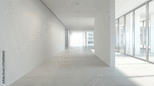  wide empty white wall in a hallway in a modern office, bright natural light, neutral tones