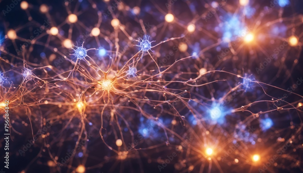 Naklejka premium Abstract Neurons and Microglia. Microglial cells are the most prominent immune cells of the central nervous system (CNS). Glowing synapse. Wallpaper render style.