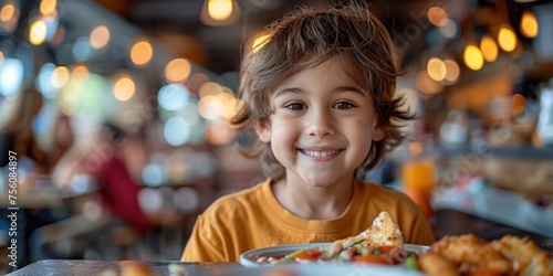 children in a restaurant  happy expressions  savory delights  candid moments  excited atmosphere  advertising to increase children s appetite