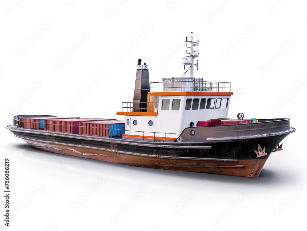 transport barge loaded with container, white background transport barge loaded with container, white background