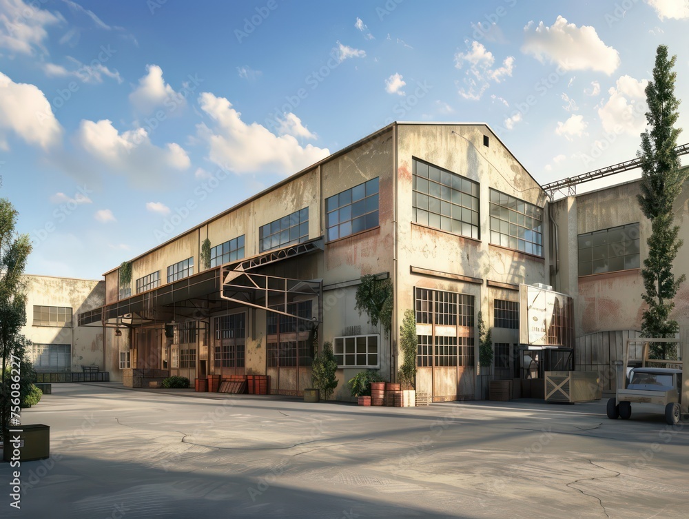 industry hall from outside view, warehouse building