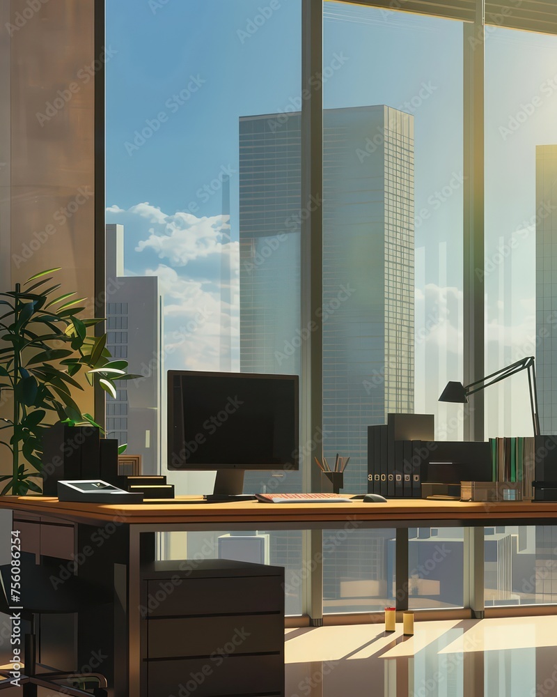 interior of an office with a large window in the background interior of an office with a large window in the background