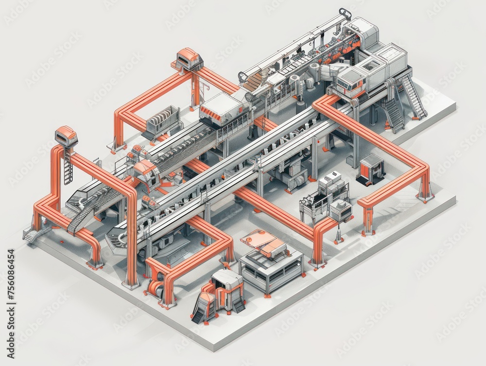 plant in the factory, complex assembly line system, white background plant in the factory, complex assembly line system, white background