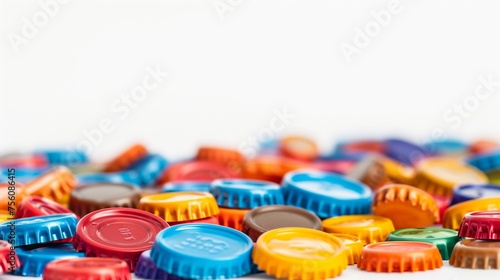 Pile of colorful bottle caps isolated on white background
