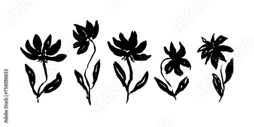 Set of elegant hand drawn black ink daisy rose or peony flowers and leaves. Sketch drawing vector inky floral textured elements for pattern design, greeting card decoration, logo, tattoo, sticker