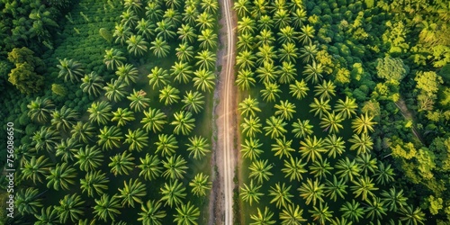 Expansive palm oil plantation, aerial view, vast monoculture, unexpected beauty, symmetrical patterns, vibrant greens