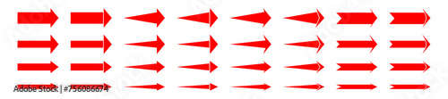 arrows red icon set isolated on white background. flat stright with some pointers end. consist of 32 arrow up sign (if rotate 90 degree ccw) with right, rightward, or forward direction style photo