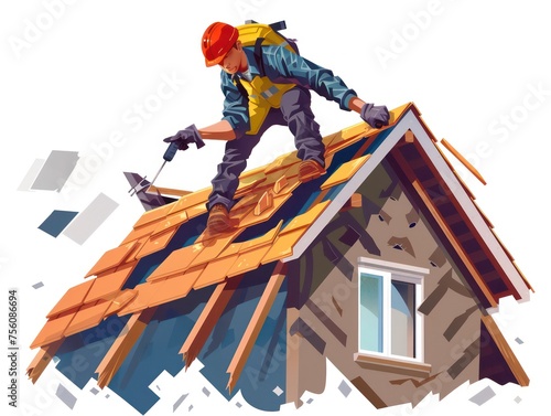 roofer repairing a damaged homes with white background photo