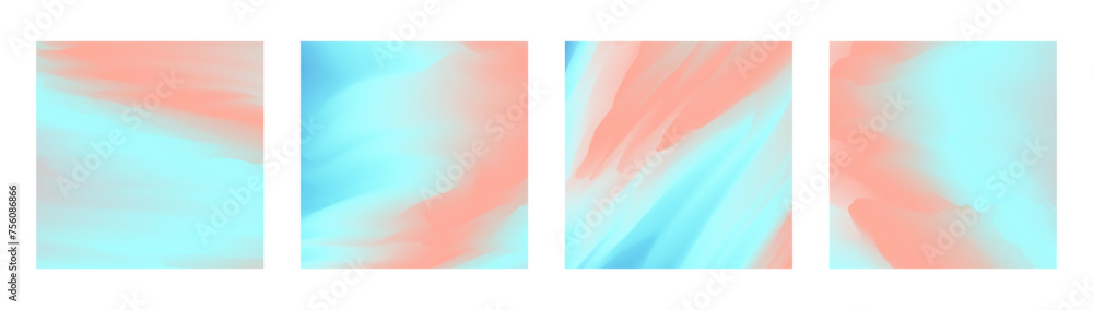 Bright coral and turquoise blue vibrant gradient colors backgrounds set. Abstract vibrant square shape prints for fashion flyer, ui design, nature sky banner, aurora borealis party poster
