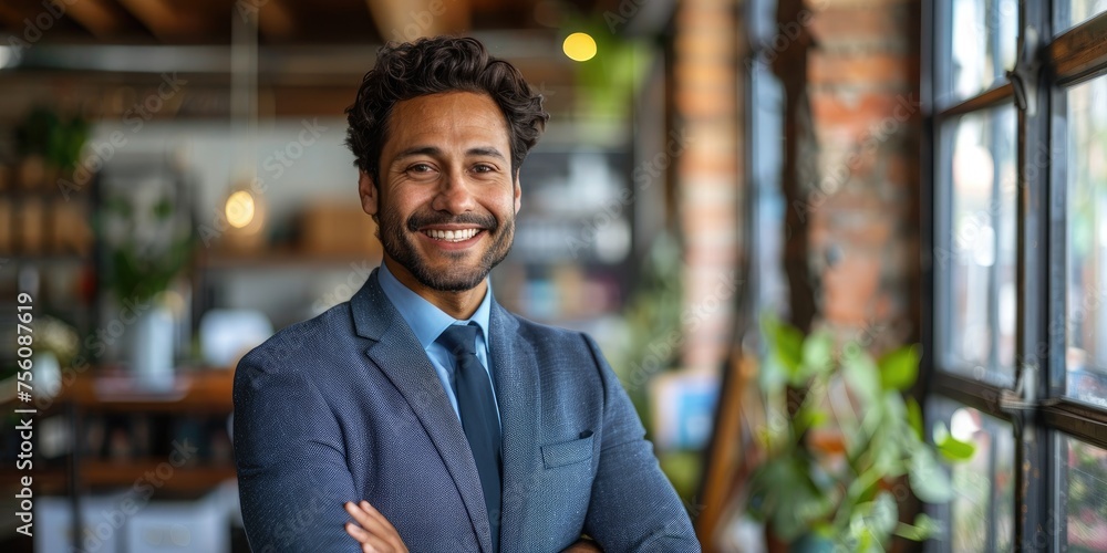 Obraz premium Happy smiling Indian businessman leader, looking confident standing in office