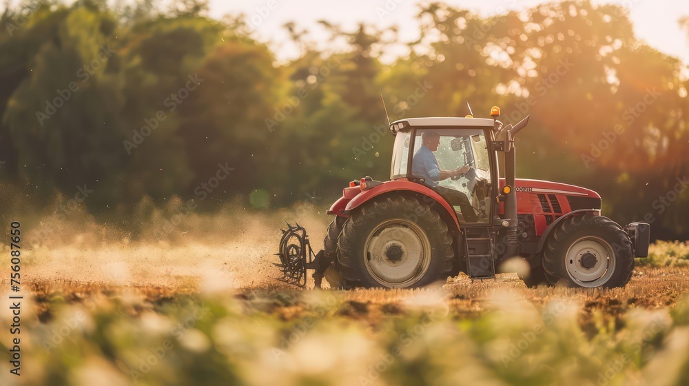 Naklejka premium farmer driving tractor on field