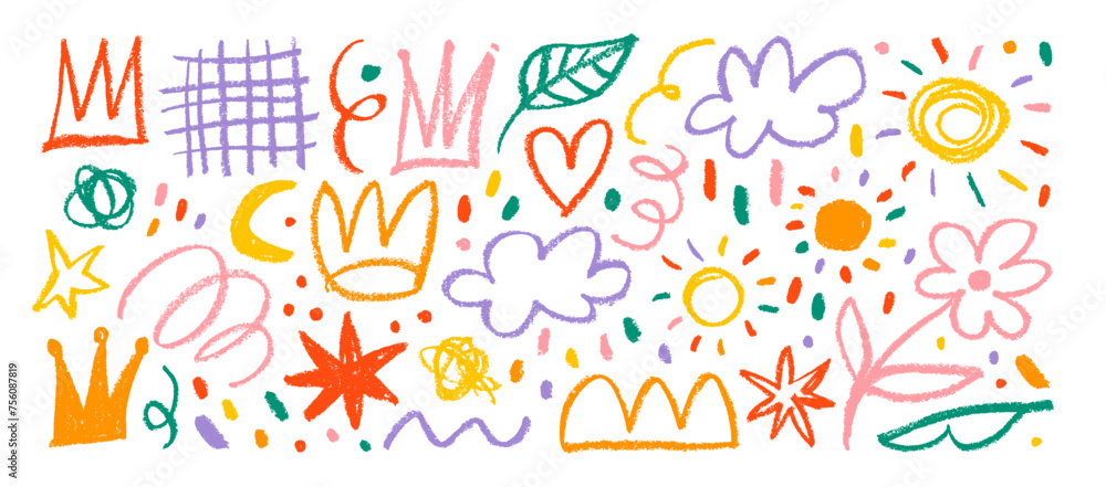 Collection of hand drawn colorful charcoal doodle shapes and squiggles in childish girly style. Collection of hand drawn colorful charcoal doodle shapes and squiggles in childish girly style.