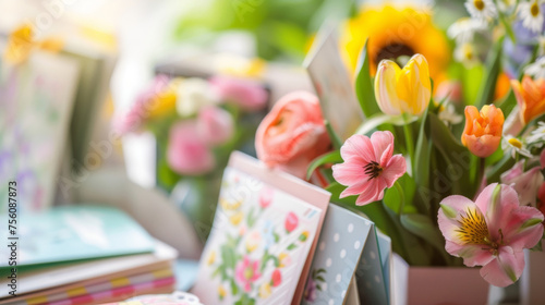 A table filled with various types of greeting cards from funny to sentimental showcasing the popularity of sending cards on Mothers Day.