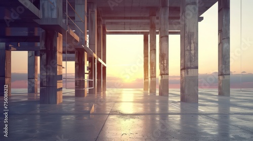 modern concrete and steel building construction site in open space, flat space, sunset © STOCKYE STUDIO