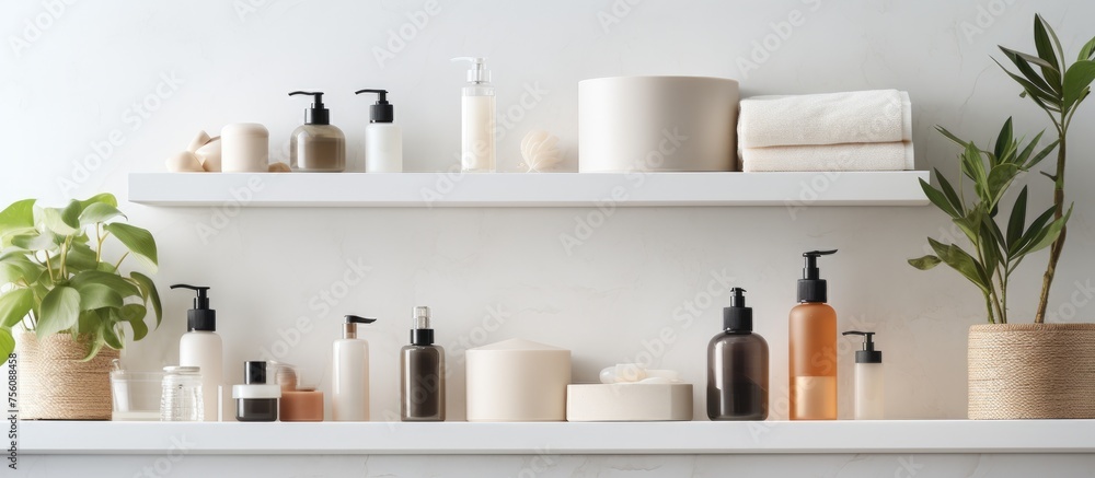 Fototapeta premium Cosmetic products displayed on bathroom shelf. Various skincare items such as cleanser, cream, roller, gua sha, and tonic. Beauty product arrangement in bathroom setting.
