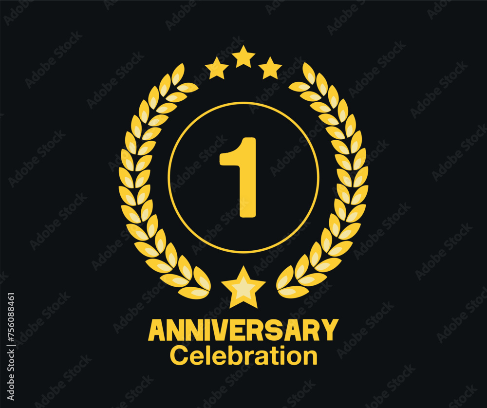 Naklejka premium 1 Years anniversary celebration. Vector luxury celebration with hoop, laurel and golden stars