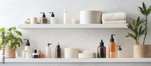Cosmetic products displayed on bathroom shelf. Various skincare items such as cleanser, cream, roller, gua sha, and tonic. Beauty product arrangement in bathroom setting. © Vusal