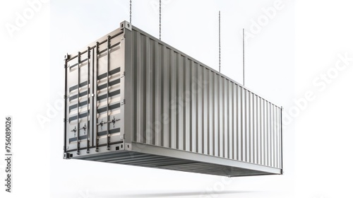 suspended new metal shipping container, from the side, white background