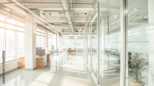 empty cozy comfortable working space in brightly lit open space office, glass walls, white and brown