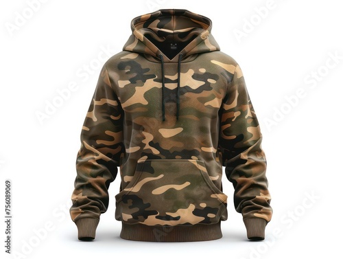 color camouflage hoodie with ribbed cuffs and hem, isolated on white background
