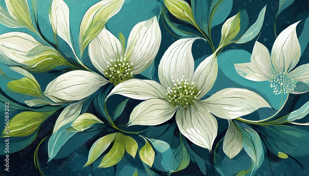 Fototapeta premium a white and green flowers on a blue background