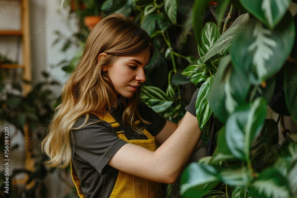 Young smiling woman gardener taking care for plants. Home gardening, love of houseplants. Plants and flowers for sale, online shopping, store Young smiling woman gardener taking care for plants. Home gardening, love of houseplants. Plants and flowers for sale, online shopping, store