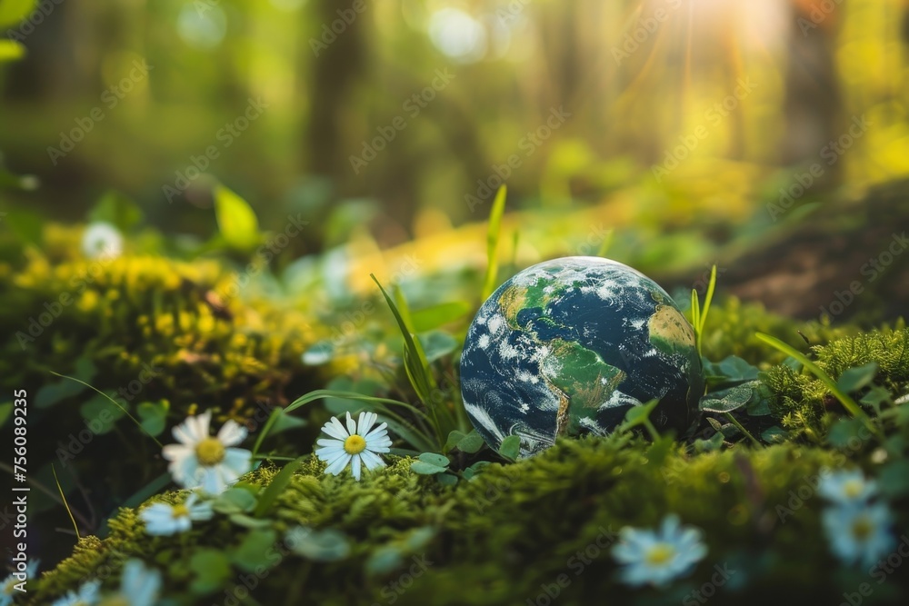Globe on blooming field background with sun rays Globe on blooming field background with sun rays