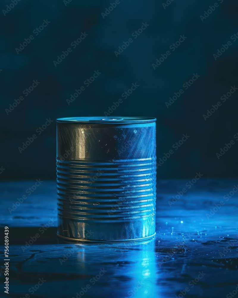 silver tin can with blue light shining silver tin can with blue light shining