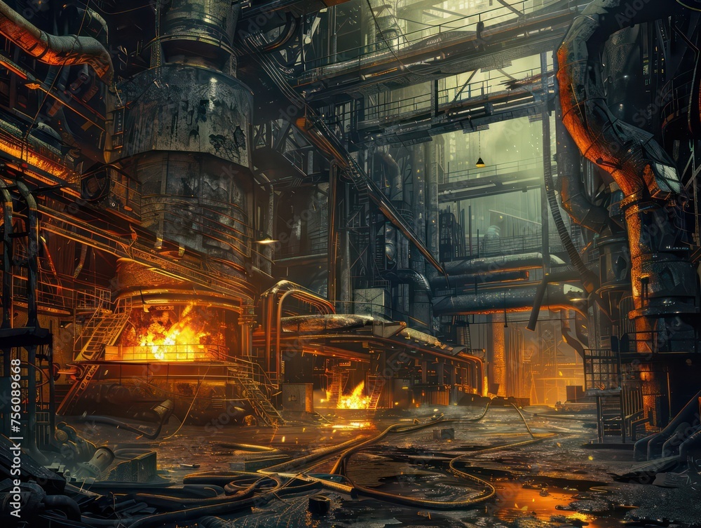 old iron or steelworks plant factory with lots of pipes, furnaces, silos, molten metal