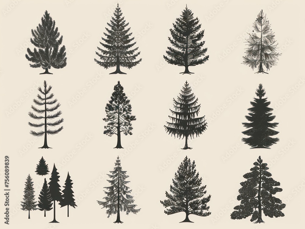 pine tree icons, monochrome black on white