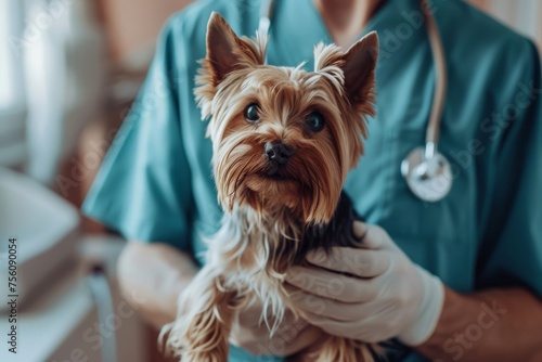 Yorkshire Terrier in the arms of a veterinarian.