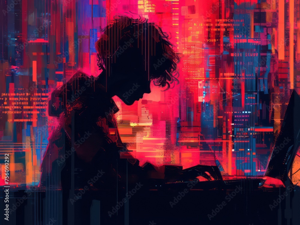 Fototapeta premium silhouette of a Hacker, teenager boy, simple lines, futuristics colors 