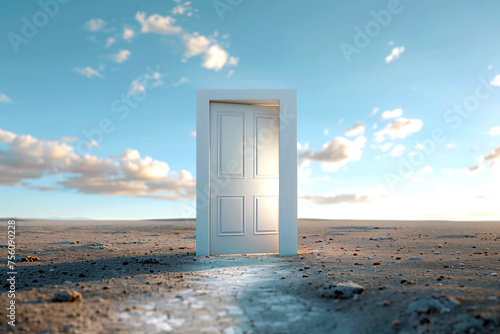 White abstract door in the middle of a desert. Door in the middle of nothing. Outlands.