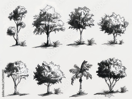 sketch pack trees, black and white, 2D , flat design, plain background