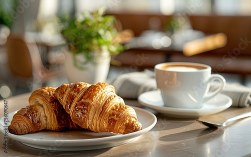 Food photography of a classic italian breakfast at the coffee shop with cappuccino and croissant. Natural morning lighting  studio setup. generative AI